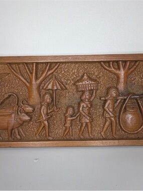 Vintage Hand-Carved Wooden Wall Panel - Brown Rustic Village Scene